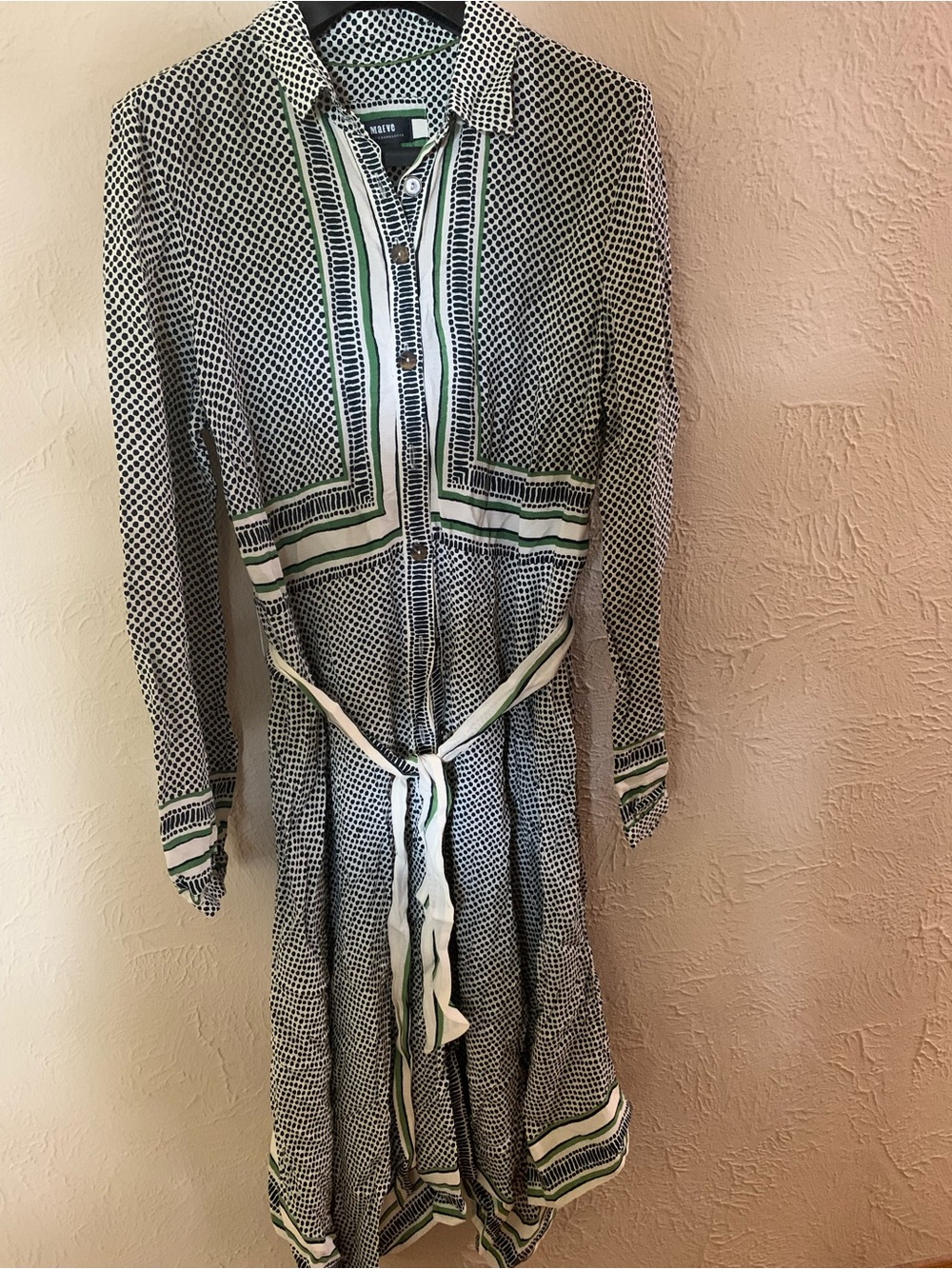 Maeve Navy & White Patterned Shirt Dress with Green Trim